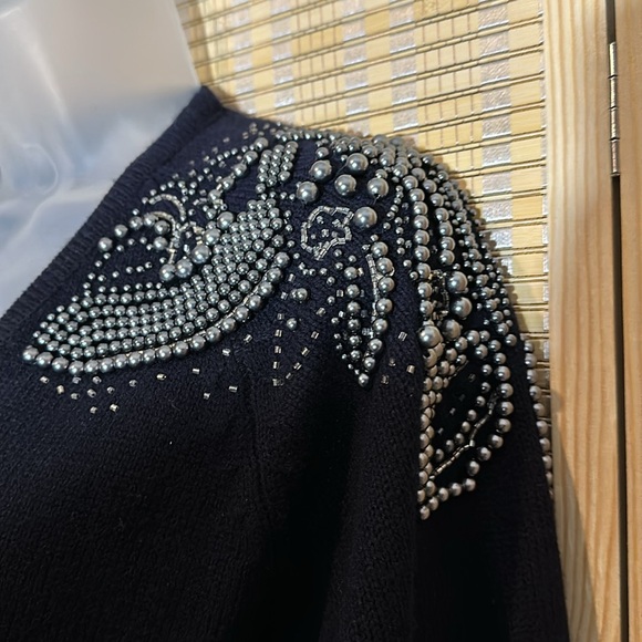 Darian Vintage 1990s Black Open Front Cardigan Sweater Silver Beading Medium - Picture 9 of 16